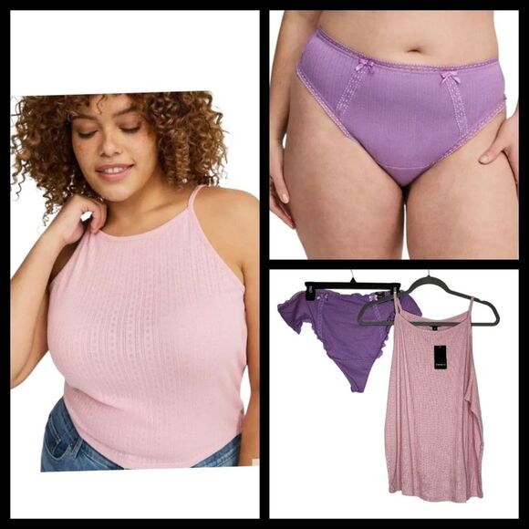 4X 26W Torrid Pink Pointelle High Neck Crop Tank Purple Thong Set Loungewear - Picture 1 of 10